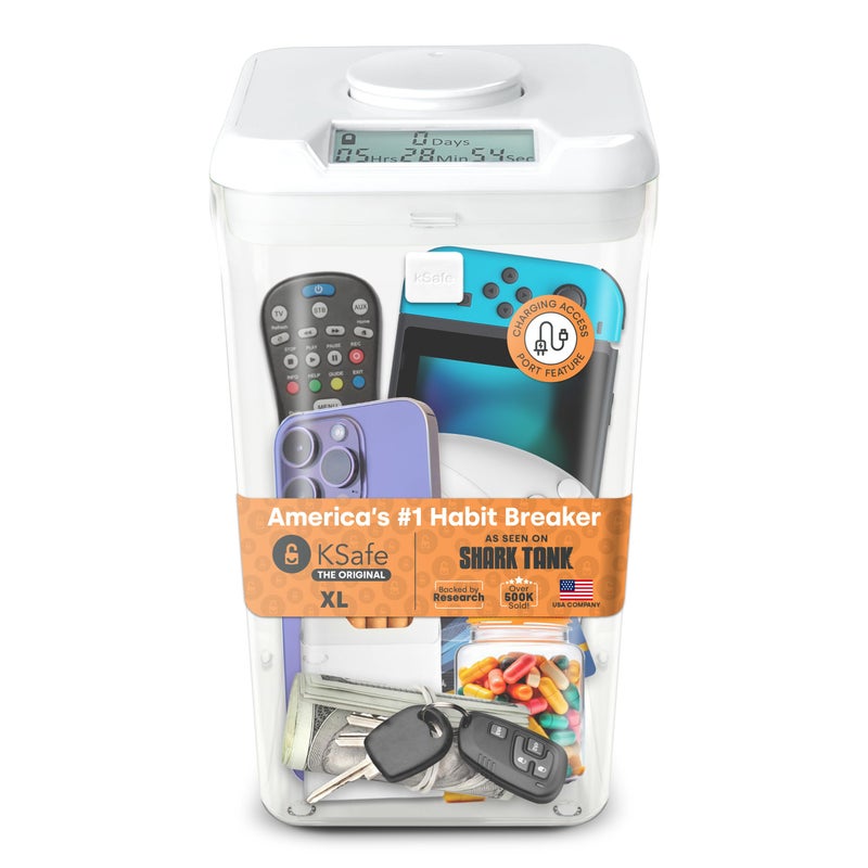 Kitchen Safe kSafe Time Locking Container XL â€“ Tech Lock Box for Tablets, Game Controllers, Large Snack Bags, BPA-Free Plastic, No Overrides, 5.5â€ W x 10.4â€ L, White Lid, Clear Base - Image 1